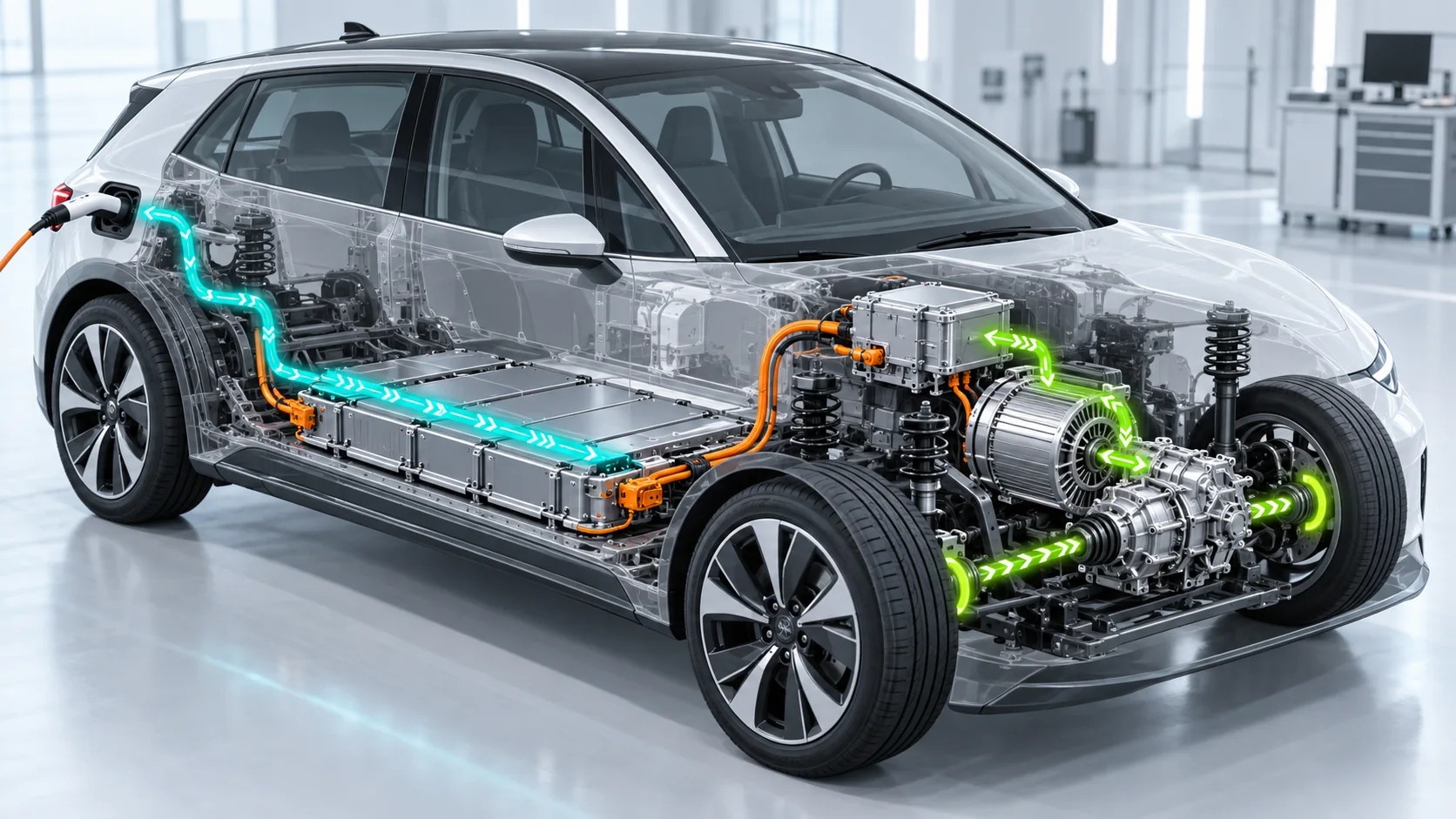 Technischer Energiefluss vom Ladeanschluss über Batterie und Inverter bis zu Motor und Antriebsrädern