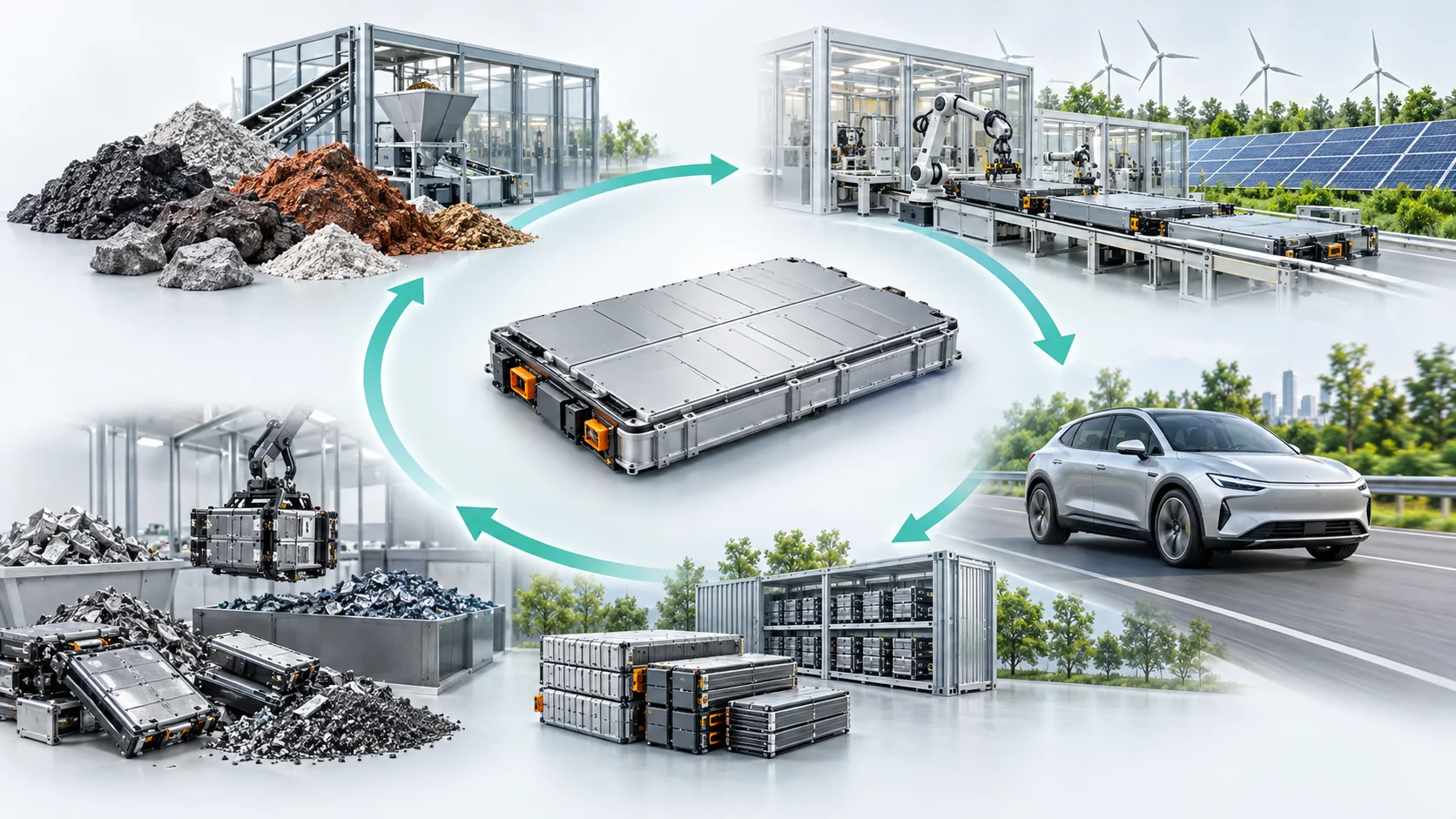 Lebenszyklus einer Elektroauto-Batterie von Rohstoffen und Produktion bis Zweitnutzung und Recycling