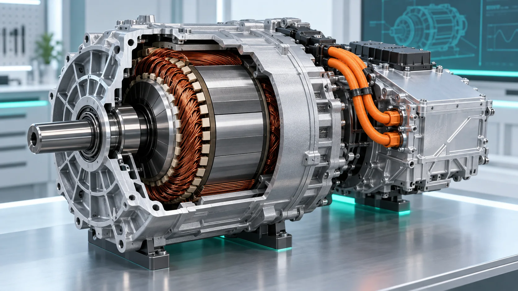 Geöffneter Elektroauto-Antriebsmotor mit Rotor, Statorwicklungen und Leistungselektronik