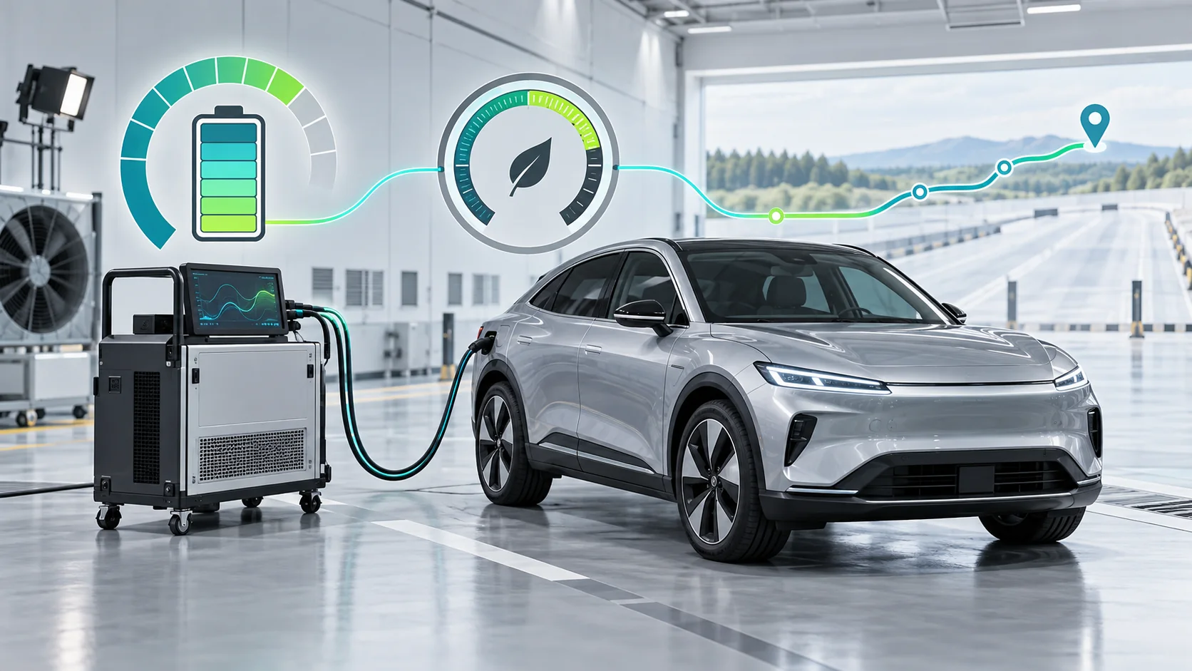 Elektroauto im Prüflabor mit Energie-, Effizienz- und Reichweitenmessung für den Praxisindex