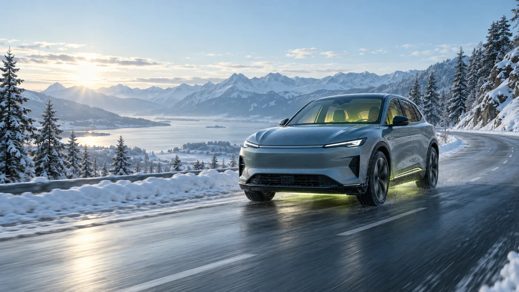 Elektroauto auf einer winterlichen Straße in verschneiter Landschaft